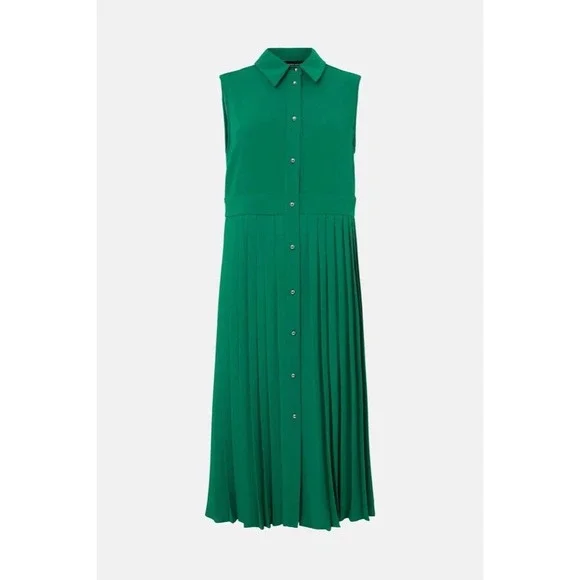 NWT!! KAREN MILLEN Soft Tailored Pleated Sleeveless Shirt Dress Solid Green US 8 - Picture 9 of 16